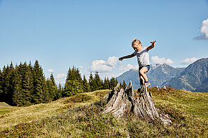 Mädchen balanciert auf einem Baumstamm, im Hintergrund sind Berge und Bäume