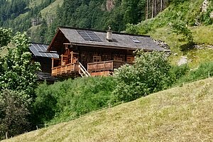 Almhütte umgeben von grünen Wiesen und Bergpanorama