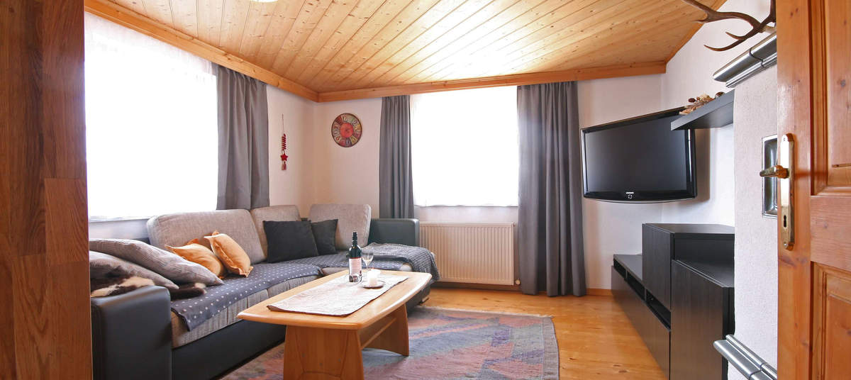 Wohnzimmer mit Couch und Flat-TV